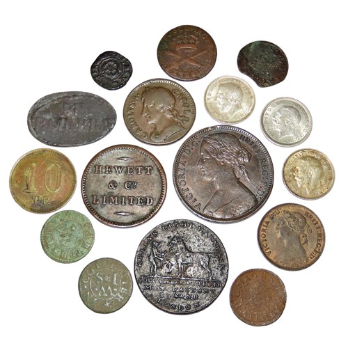 311 - Charles I Farthings, 17th century Trade Tokens, Victorian Penny 1875 H, Charles II Farthing 1674 and... 