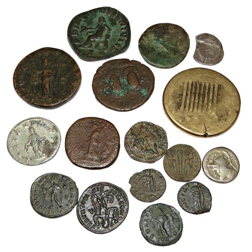 312 - A collection of Roman AE coins, including Sestertius, silver Antoninianus, a Republic Denarius and o... 