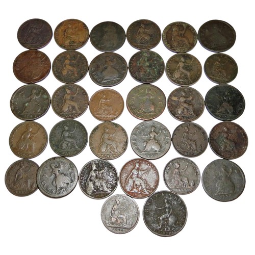 328 - A collection of Charles II, William and Mary, George I, George II and later Farthings, 1675, 1694, 1... 