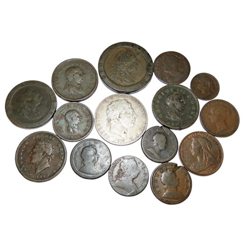 326 - George I and later silver and copper coins, to include Crown, 1819, Twopence and Penny, 1797, Pennie... 