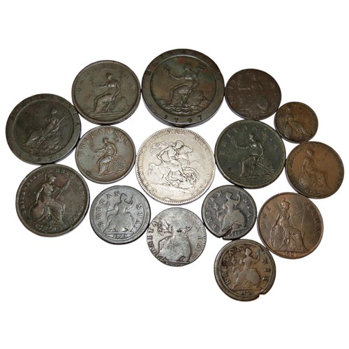 326 - George I and later silver and copper coins, to include Crown, 1819, Twopence and Penny, 1797, Pennie... 