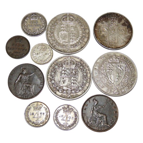 462 - Victorian coins, Halfcrowns, 1888, 1891, 1900. Florin, 1887. Maundy Fourpence, 1840, 1876. Together ... 