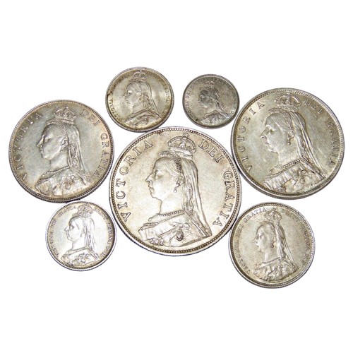 318 - Victoria silver part currency set, 1887, Double Florin, Halfcrown, Florin, Shilling, Sixpences (both... 