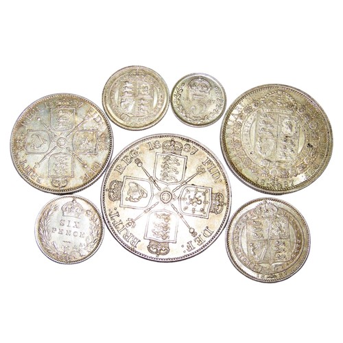 318 - Victoria silver part currency set, 1887, Double Florin, Halfcrown, Florin, Shilling, Sixpences (both... 