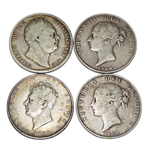 321 - George IV Halfcrow, 1825. William IV Halfcrown, 1836. Victoria Halfcrowns, 1844, 1850. (4 coins).