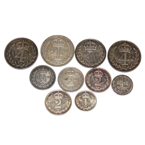 306 - Victorian and Edwardian Maundy coins, including Fourpences, Threepences, Twopences and Pennies. (10 ... 