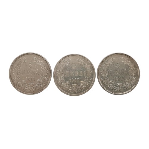 478 - Bulgaria: Alexander I of Battenberg 1878-86, three x 5 Leva coins, (dated 1884 x 2 and 1885) (3 coin... 