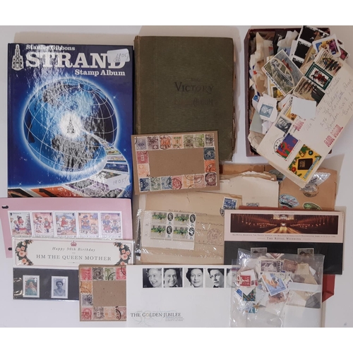 155 - SG Album, Victory album, loose stamps in a box with a few GB covers and presentation packs