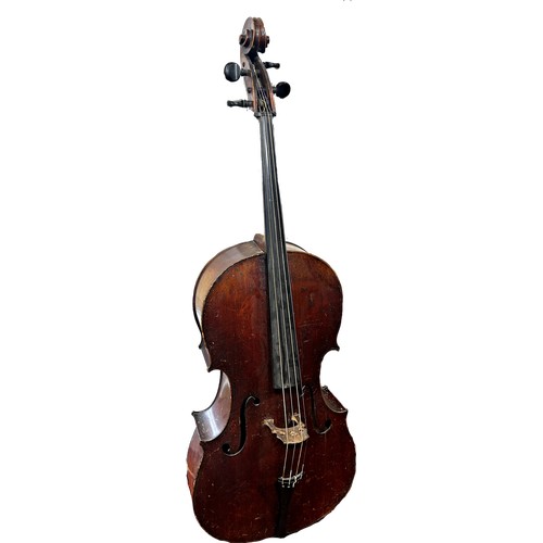 735 - A cello with no maker’s label and in need of restoration together with  two bows and a wooden violin... 