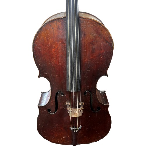 735 - A cello with no maker’s label and in need of restoration together with  two bows and a wooden violin... 