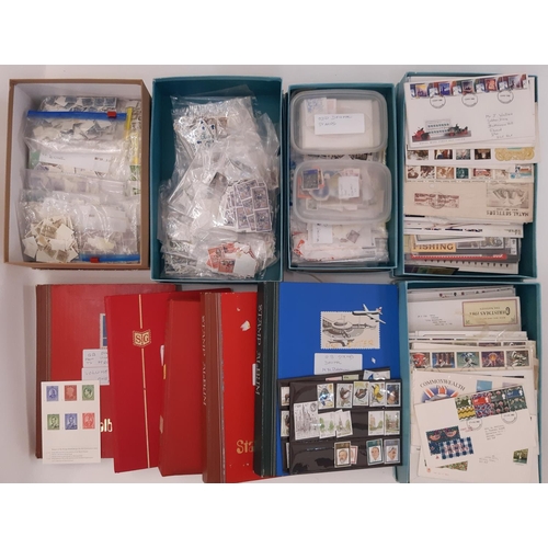 162 - A crate containing a GB collection of stamps in packets, stock  books and a quantity of First Day Co... 