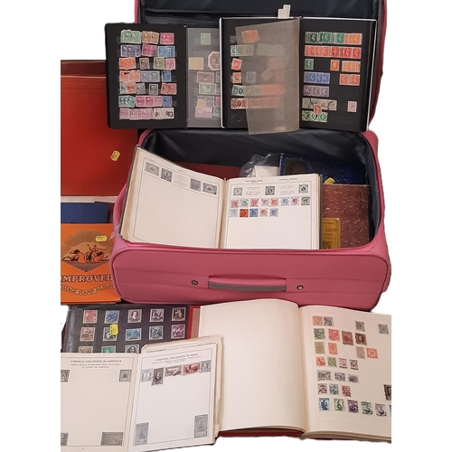 170 - A pink suitcase containing stamp albums. loose stamps and some covers, a real mixture including seve... 