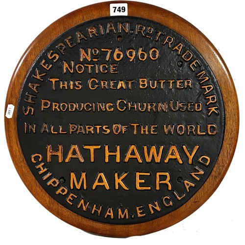 749 - A Hathaway Maker plaque celebrating a butter churn.43cm diameter