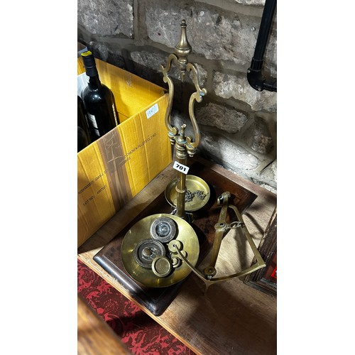 701 - A set of Bartlett of Bristol brass grocer’s scales with a selection of weights.