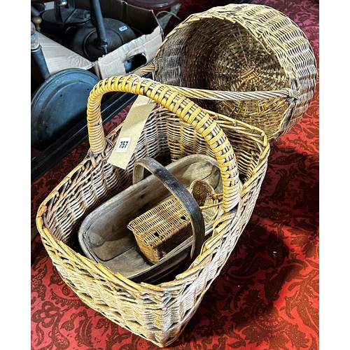 757 - Two wicker baskets, two miniature baskets, and a trug