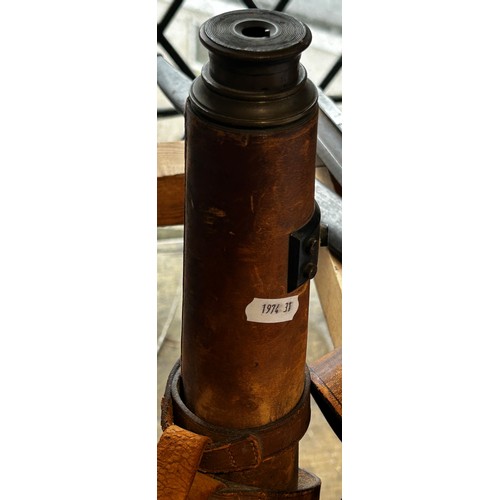 685 - A WWII large leather bound telescope, made by W. Ottway & Co Ltd dated 1940, with two mounting screw... 