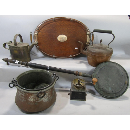 742 - A miscellaneous collection copper kettle, warming pan, hot water kettle, etc, an oval oak tray