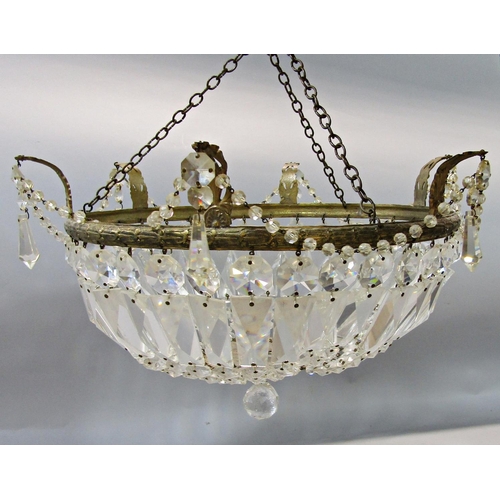 744 - Three Regency style brass ring chandeliers hung with facetted cut crystal  bag 33cm diameter