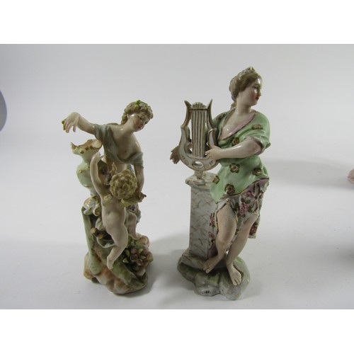 92 - Two Volkstadt figures of Diana the Huntress and a figure with a lyre, a pair of Volkstadt German bis... 