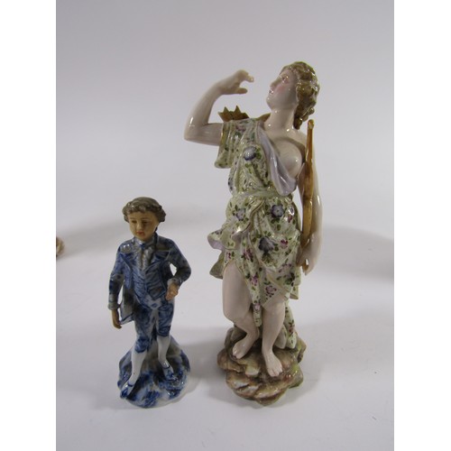 92 - Two Volkstadt figures of Diana the Huntress and a figure with a lyre, a pair of Volkstadt German bis... 