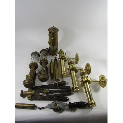 765 - A brass miners lamp, two carriage lamps GWR, three ships cabin lamps on gimble mounts, 19th century ... 