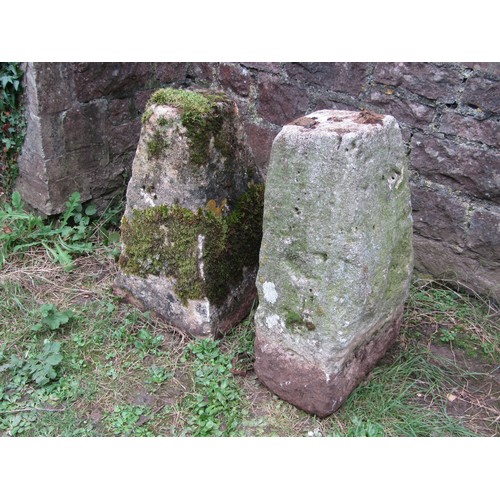 1077 - Two weathered natural stone staddle stone bases 66 and 62cm high