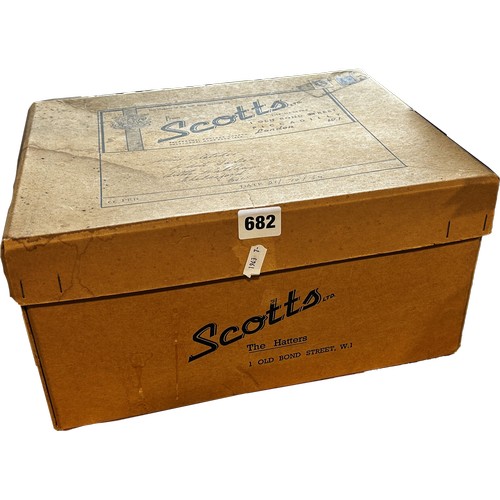 682 - A vintage grey silk top hat in it’s original retailer’s box Scotts Ltd “ Hat makers to the late King... 