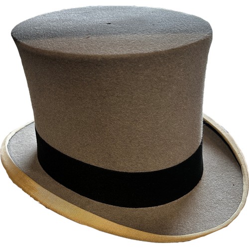 682 - A vintage grey silk top hat in it’s original retailer’s box Scotts Ltd “ Hat makers to the late King... 