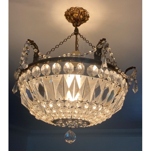 744 - Three Regency style brass ring chandeliers hung with facetted cut crystal  bag 33cm diameter