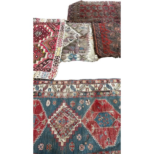 1695 - Three small old Persian rugs, two old kilims, all worn and torn in places, (as found)