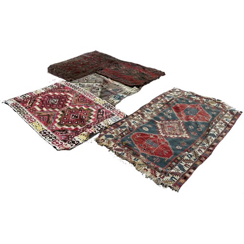 1695 - Three small old Persian rugs, two old kilims, all worn and torn in places, (as found)