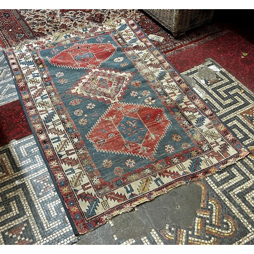 1695 - Three small old Persian rugs, two old kilims, all worn and torn in places, (as found)