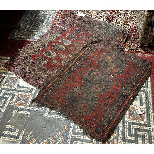 1695 - Three small old Persian rugs, two old kilims, all worn and torn in places, (as found)