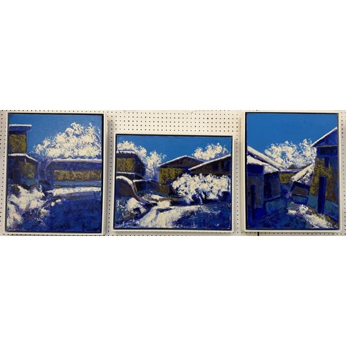 1893 - Ismatov Bahrom (Tajik, Contemporary) - Triptych: Mountain Town Scenes in Blue, 50 x 40 cm each, oil ... 