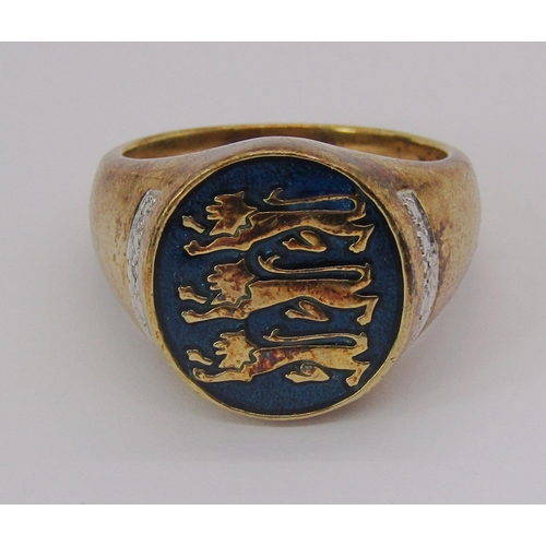 277 - Silver gilt Three Lions ring with blue enamel ground and diamond set shoulders, size S, in Brooks & ... 