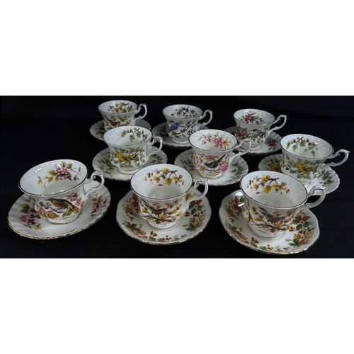 26 - Royal Albert Woodland series teacups and saucers with various bird detail (9)