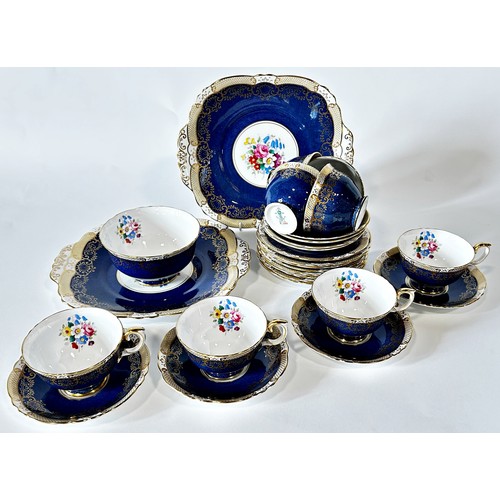 28 - Crown Staffordshire teawares in a blue and gilt colourway with floral bouquets