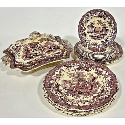 60 - A collection of Masons Ironstone Ruined Abbey pattern tableware comprising graduated plates and shap... 