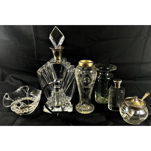 166 - A good selection of Art Nouveau glassware including a pewter clad green glass vase, decanter and bow... 