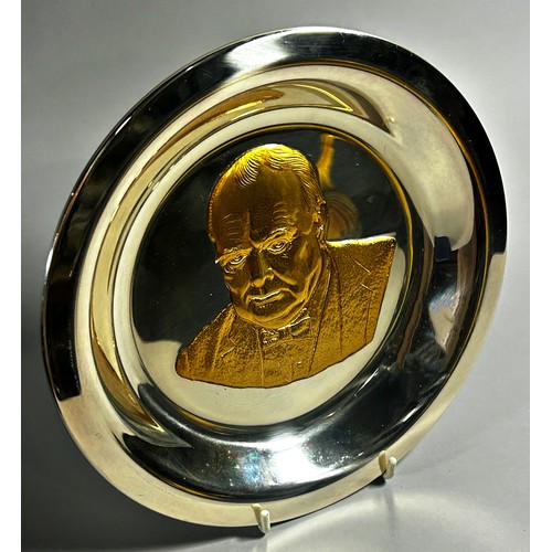 211 - A silver and 24 Caret gold plated filled Winston Churchill centenary plate, no 2027, designed by Dav... 