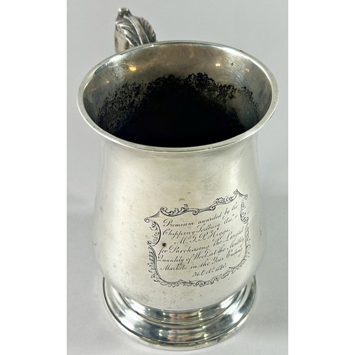 212 - A George III silver tankard, (with later inscription), with a scrolled handle, London, 1776, makers ... 