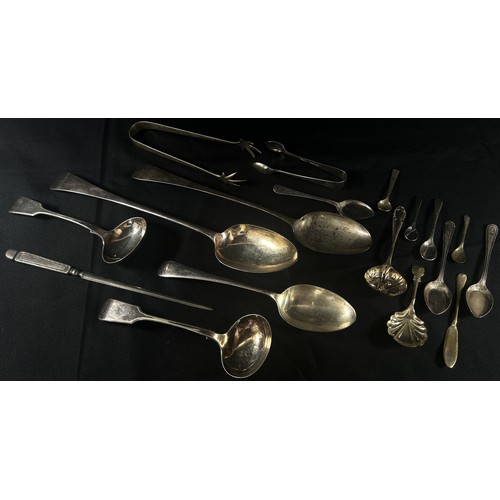 216 - A Georgian silver basting spoon, London, 1807, makers mark William Weston, three silver coins, a sil... 