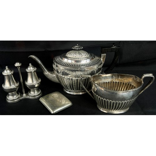 197 - Quantity of silver plated items, cigarette case, cruet, teapot and sugar bowl, loose flatware etc