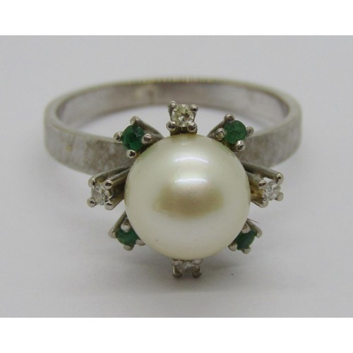 237 - Vintage white metal pearl, emerald and diamond cluster ring, the outer shank with textured finish, s... 