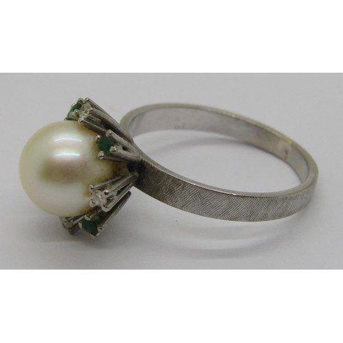 237 - Vintage white metal pearl, emerald and diamond cluster ring, the outer shank with textured finish, s... 