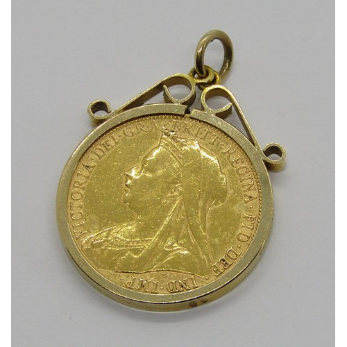 239 - Sovereign dated 1899, in scrolled 9ct pendant mount