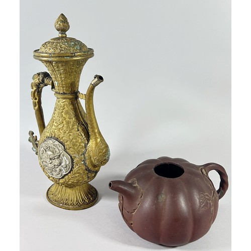 72 - Chinese Yixing teapot of squat gourd form together with an unusual mixed metal Tibetan style ewer, t... 