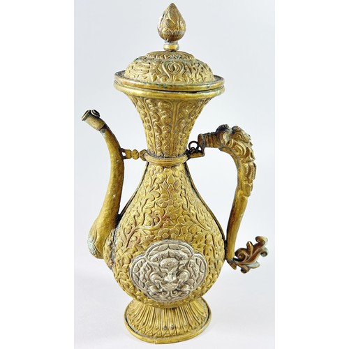 72 - Chinese Yixing teapot of squat gourd form together with an unusual mixed metal Tibetan style ewer, t... 