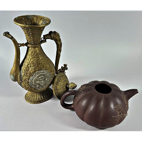 72 - Chinese Yixing teapot of squat gourd form together with an unusual mixed metal Tibetan style ewer, t... 