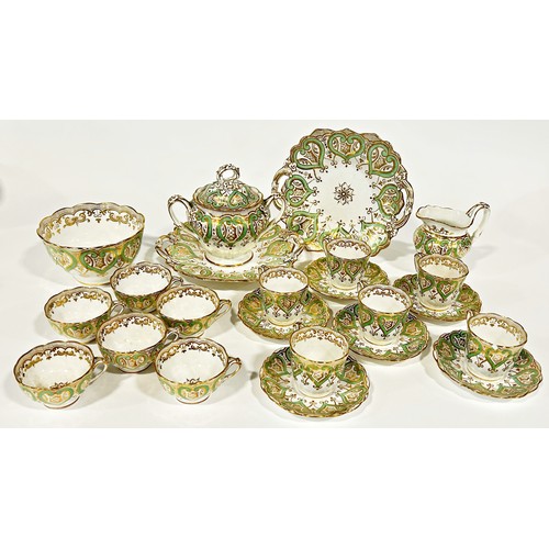 48 - 19th century green and gilt part tea service comprising cups and saucers (2 shapes) dishes, sugar ba... 